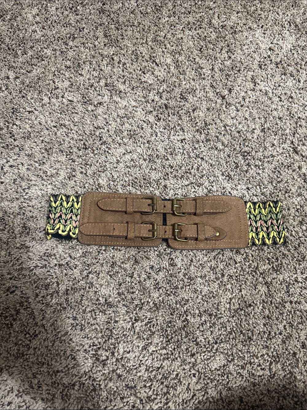 Elastic Woven Brown Belt with Buckle Detail